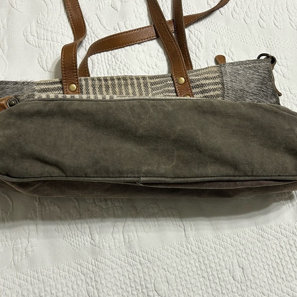 Myra Bag Upcycled Gray and Brown Large Purse/Handbag - Picture 10 of 14
